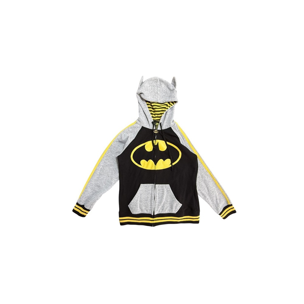 Batman Hoodie Kids‎ Large Black Gray Yellow Full Zip Ears Fleece Logo Sweatshirt